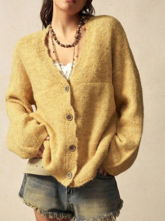 Sweaters - Golden Yellow Knit Cardigan, Loose V-Neck Button Front